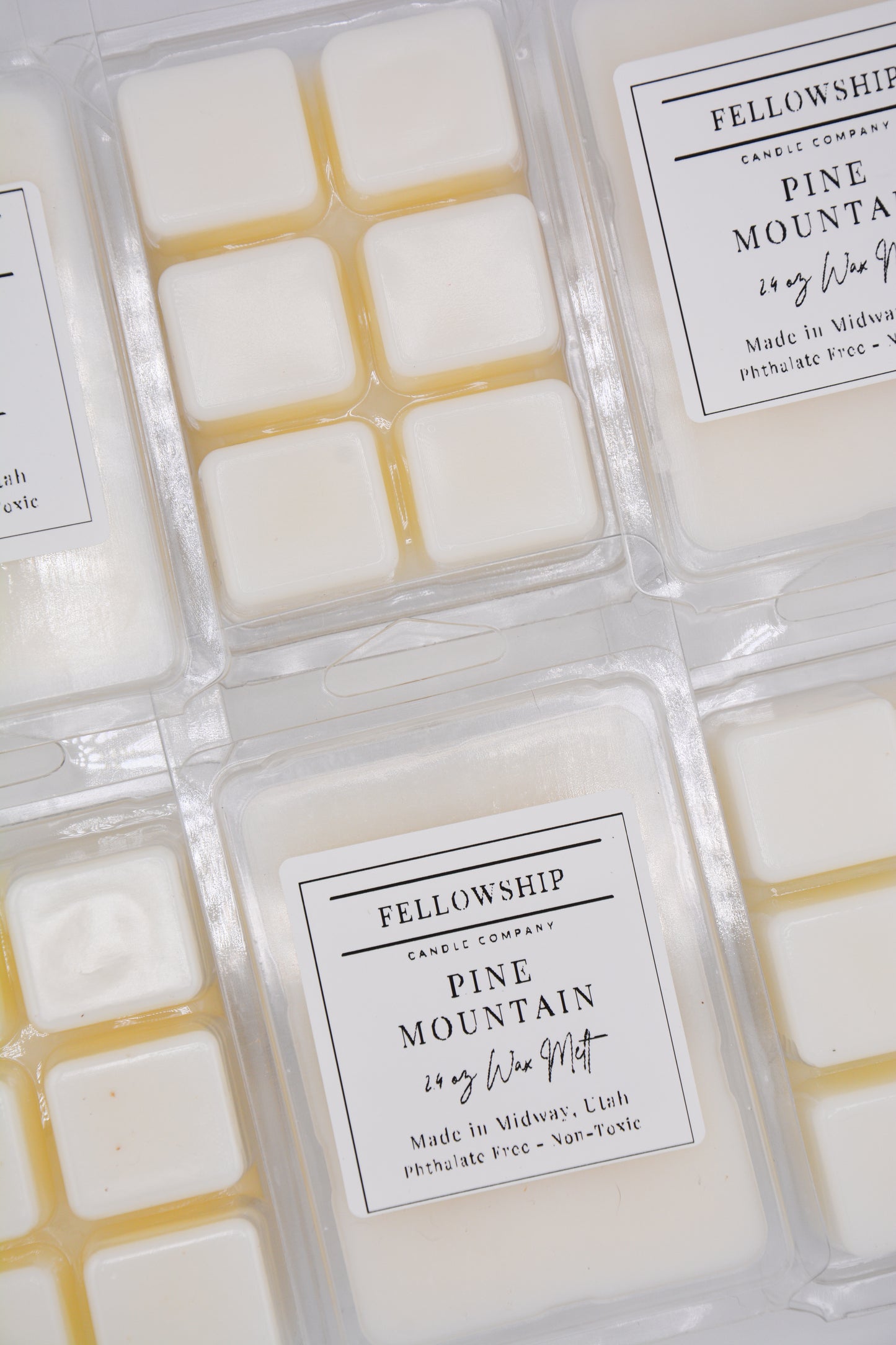 Packaged wax melts with 'Fellowship Candle Company' labels on a neutral background