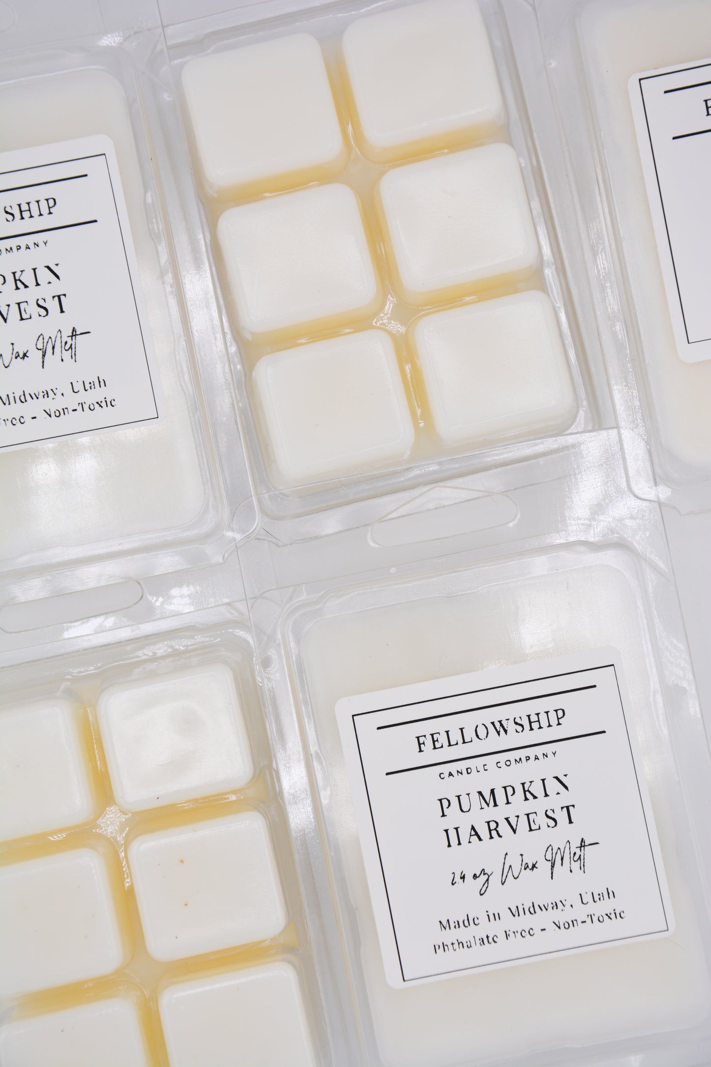 Pumpkin harvest wax melts in clear packaging with labels.