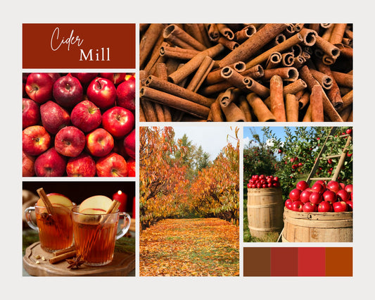 Collage of images related to cider mill with apples, cinnamon, and autumn scenes.