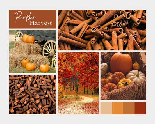 Collage of pumpkin harvest-themed images including pumpkins, cinnamon sticks, and autumn trees.