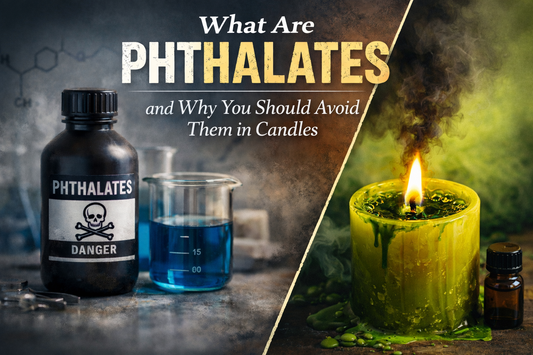 Split image showing a phthalates warning bottle and lab chemicals on one side, and a toxic-looking green candle emitting dark smoke on the other, illustrating the dangers of phthalates in candles