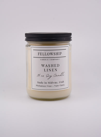 Washed Linen Candle with a label on a white background