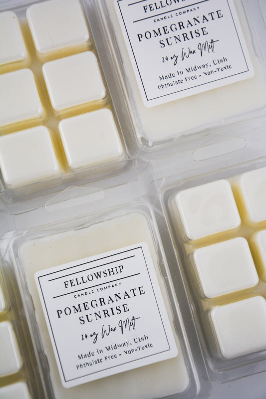 Fellowship Candle Company Pomegranate Sunrise wax melts in packaging on a white background