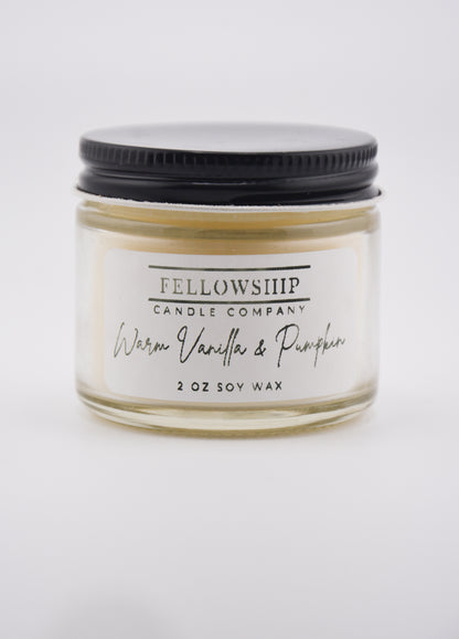 Fellowship Candle Company candle jar with 'Warren Vanilla & Pumpkin' scent on a white background