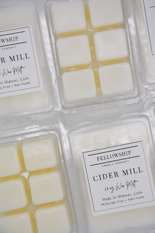 Wax melts in packaging with 'Fellowship Candle Company' labels.