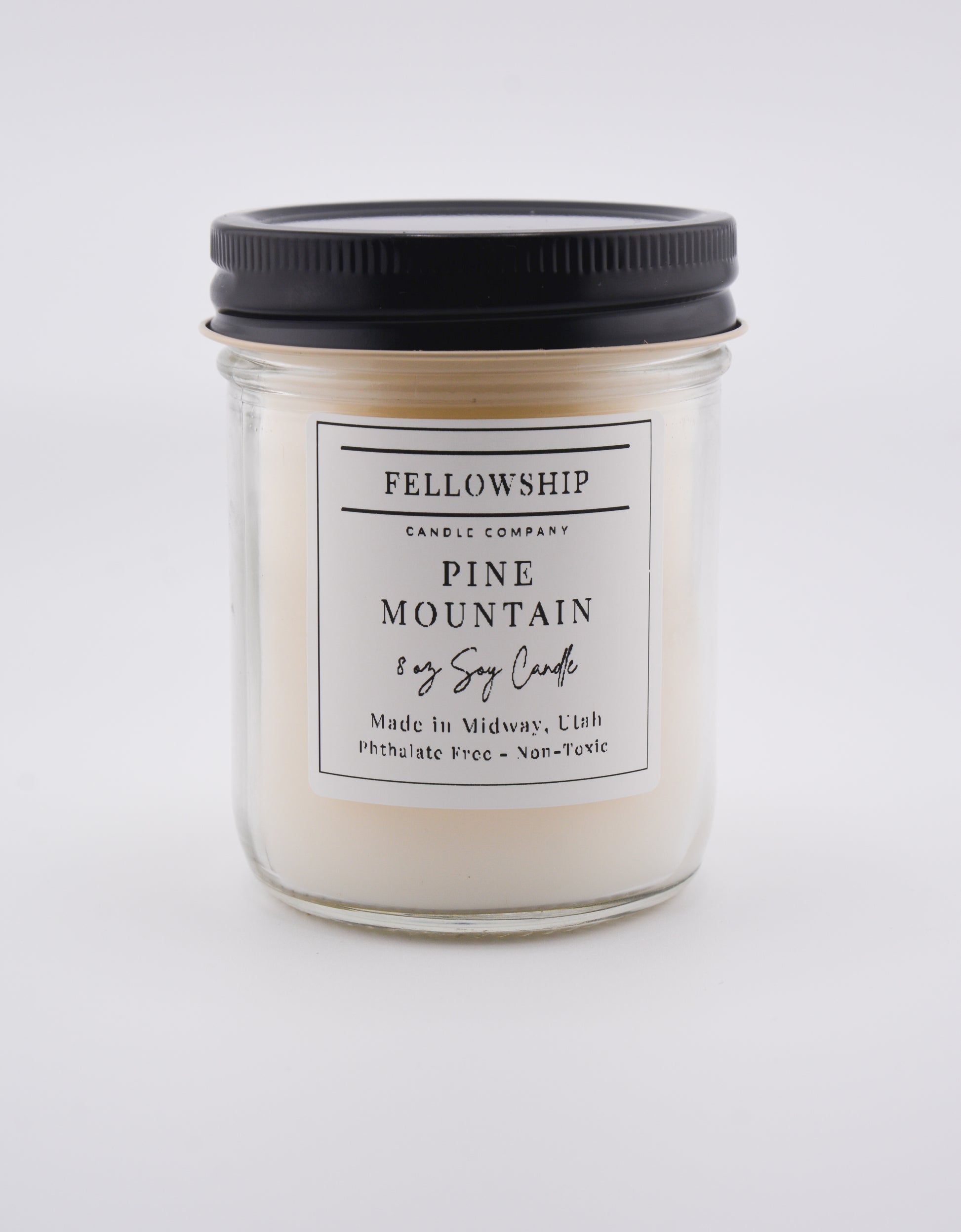 Jar candle labeled 'Pine Mountain' from Fellowship Candle Company on a white background