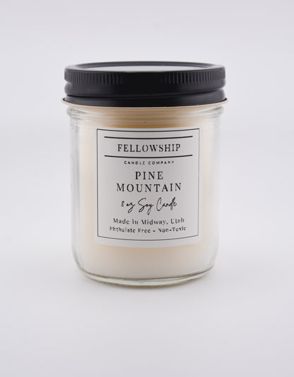 Jar candle labeled 'Pine Mountain' from Fellowship Candle Company on a white background