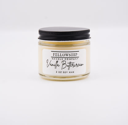 Jar of Vanilla Buttercream candle from Fellowship Candle Company on a white background