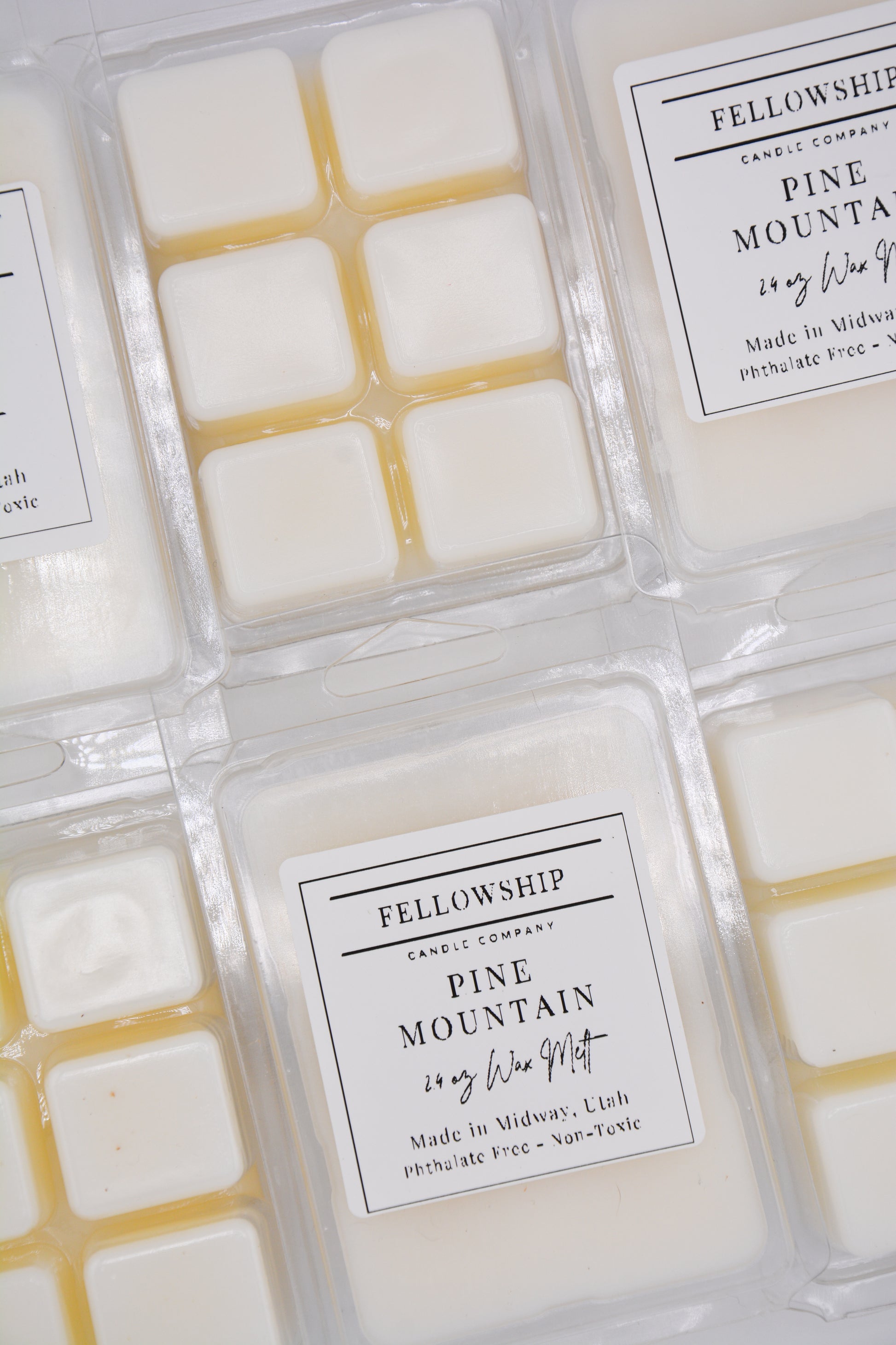Packaged wax melts with 'Fellowship Candle Company' labels on a neutral background