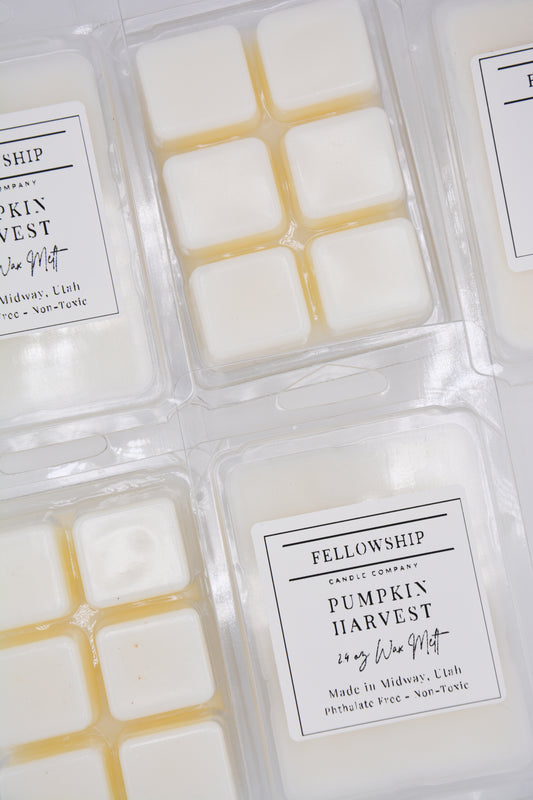 Pumpkin harvest wax melts in clear packaging with labels.