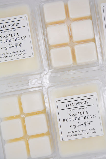 Vanilla buttercream wax melts in packaging with 'Fellowship' label.