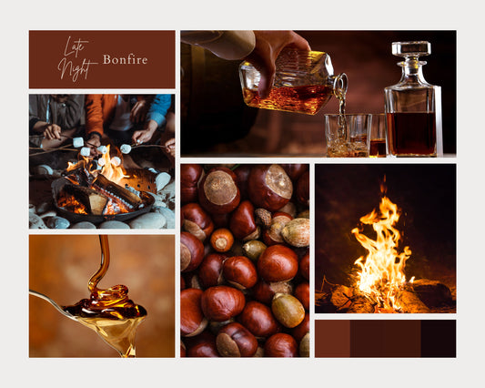 Collage of images to show the scents of our Non-Toxic, Phthalate Free, Soy Late Night Bonfire Candles 