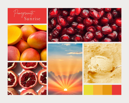 Collage of pomegranate, mango, and sunset with color swatch labeled 'Pomegranate Sunrise'.