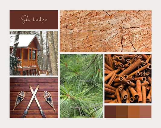 Collage of images related to a ski lodge theme, including wooden cabin, tree stump, pine needles, snowshoes, and cinnamon sticks.
