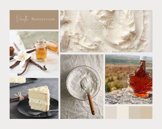 Collage of vanilla buttercream with vanilla beans, a cake slice, and a bottle of maple syrup.